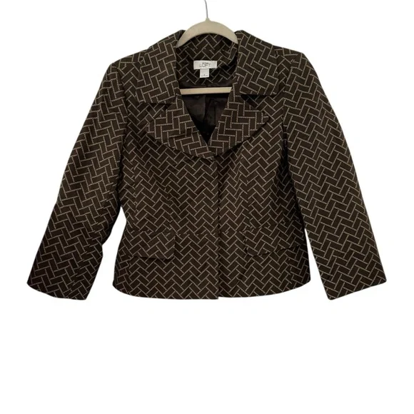 Ann Taylor LOFT 6 Cropped Brown Tan Geometric Pattern Blazer Career Jacket