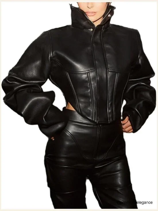 Faux Leather Crop Bomber Jacket Zip Up Motorcycle Y2K Streetwear