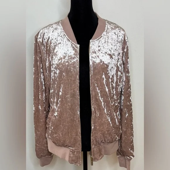 Sanctuary light pink crushed velvet girly feminine jacket coat full zip med EUC