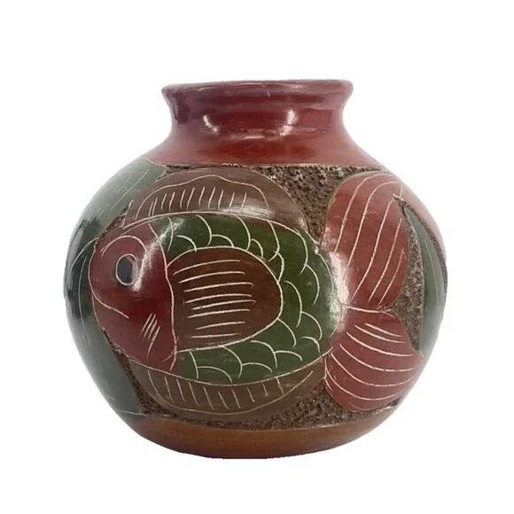 Nicaraguan Small Vase Carved Pottery Ceramic Central American Fish Theme Deco