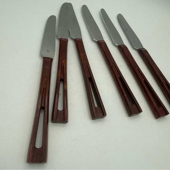 6 VTG Stanley  Deluxe Stanhome Steak Knives  Catalina Lucite Cut Out Handle MCM