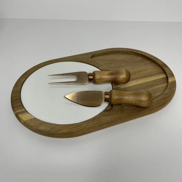 Wooden Cheese Board w/ Ceramic Center‎ and Knife Fork Copper