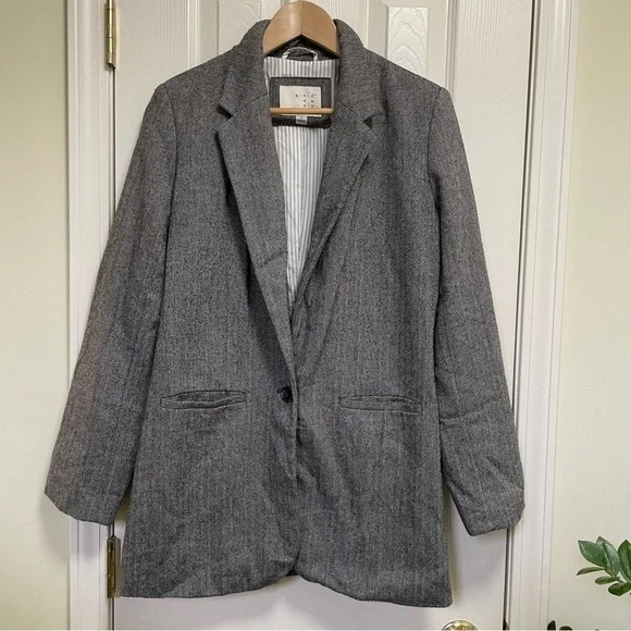 A New Day Women Gray Herringbone Single Breasted One Button Blazer Jacket 8