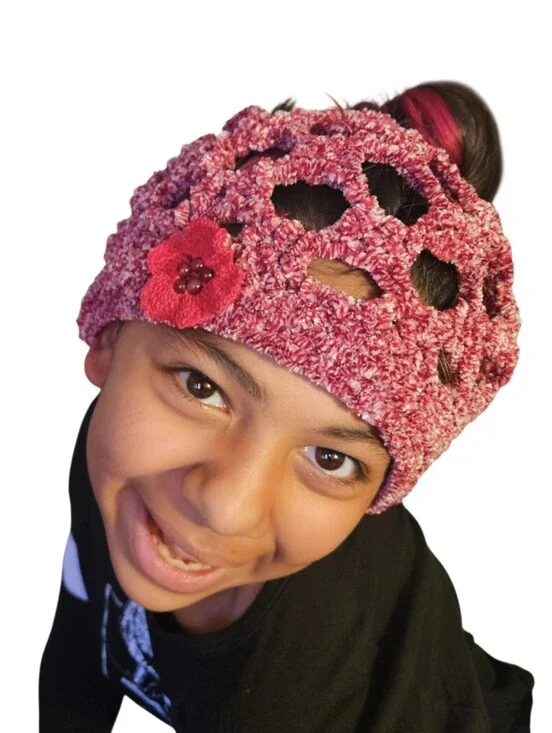 Handmade Crochet Messy Bun Beanie Open Stitch Keyhole Ponytail Floral Hat Girls