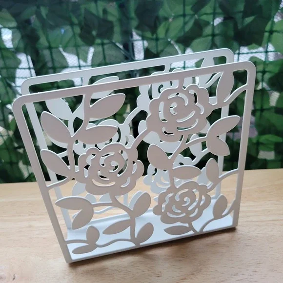 IKEA LIKSIDIG White Metal Napkin Holder Rose Floral Laser Cut Whimsical Romantic