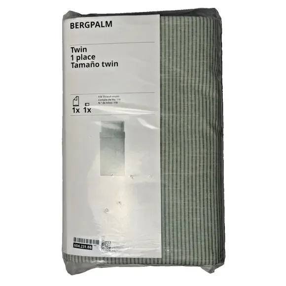 IKEA BERGPALM Twin Duvet Cover & Pillow Sham Set Green Pinstripes-NEW