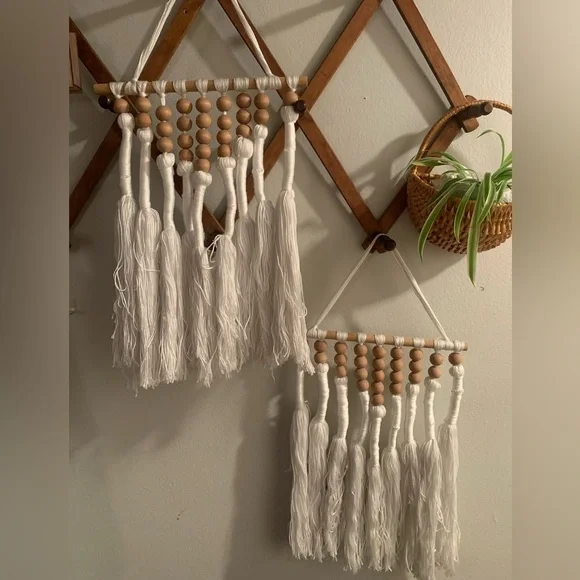 Macrame Boho Cottagecore Wood Bead Wall Hangings - Set of 2