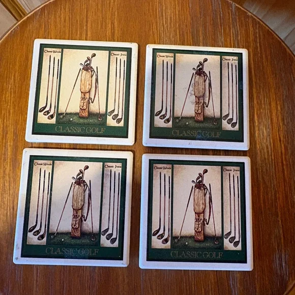 Vintage ceramic coasters depicting classic golf clubs.