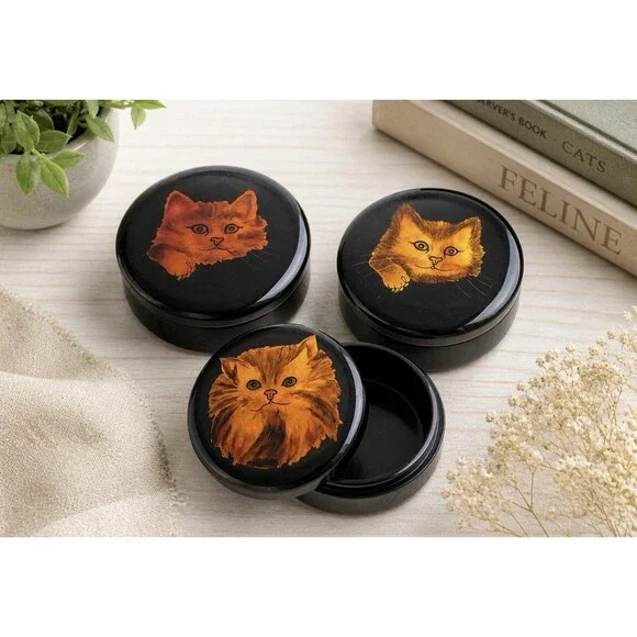 Vintage Wood Black Lacquer Set of 3 Large Cat Trinket Boxes Handpainted