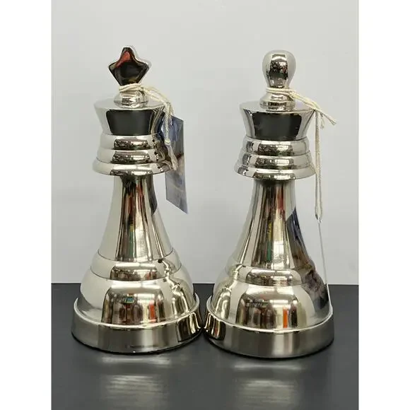 Chess Sculpture 2 Piece Set King and Queen Modern Home Decor Silver Metal 9.5