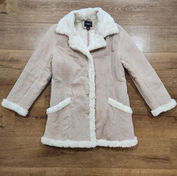 Vtg Y2K shearling penny lane leather suede overcoat large retro 70s hippie cozy