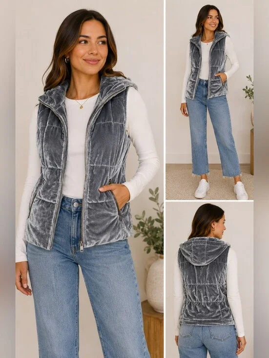 Dylan Gray Velvet Hooded Puffer Vest Size Small