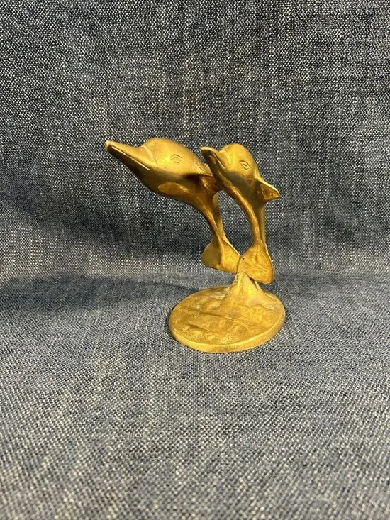 VTG brass dolphin pair leaping figure sculpture paperweight 5.5”