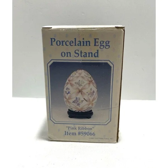 Vintage Hand Painted Porcelain Egg on Stand Floral Pink Ribbon Easter Cottage