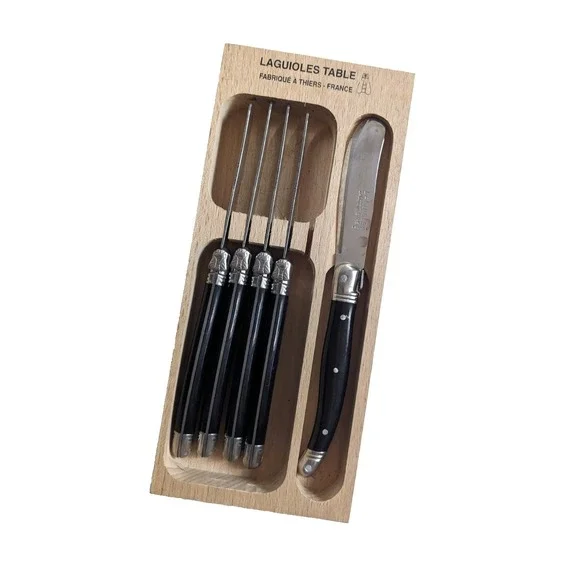 Laguiole France 5 Pc Cheese Knife Set Tempered Z40C13‎ Steel Black Handles Boxed