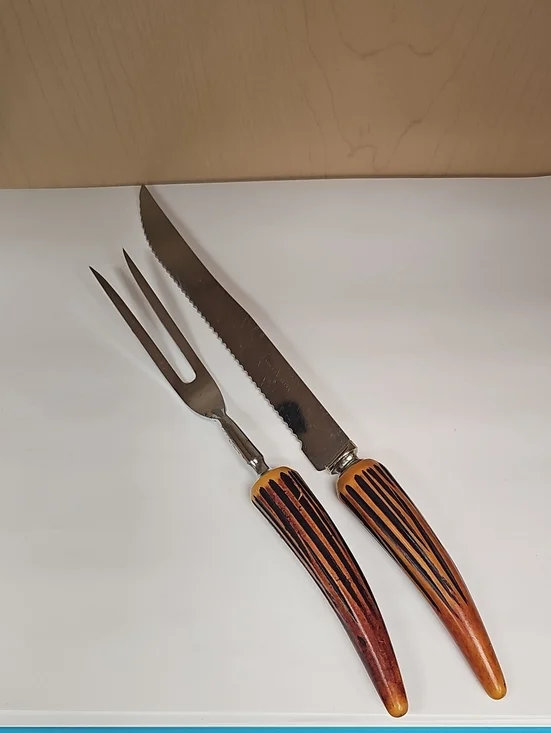 Vintage Stainless Steel Bakelite Fork&Knife Carving Set Brown Antler HornHandles