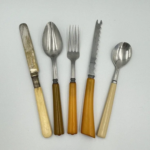 Vintage Bakelite Handle Flatware LOT Knife Fork Spoon Butterscotch Cream Brown