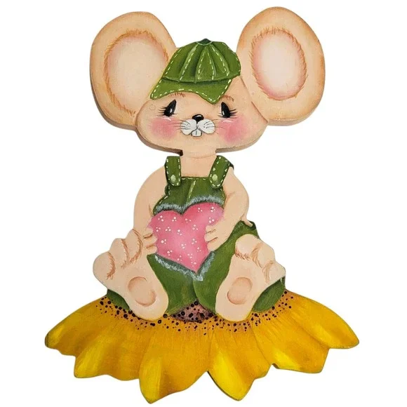 VTG 70s Mouse Sunflower Wall Art Shelf Sitter Wooden Handpainted Nursery Decor‎
