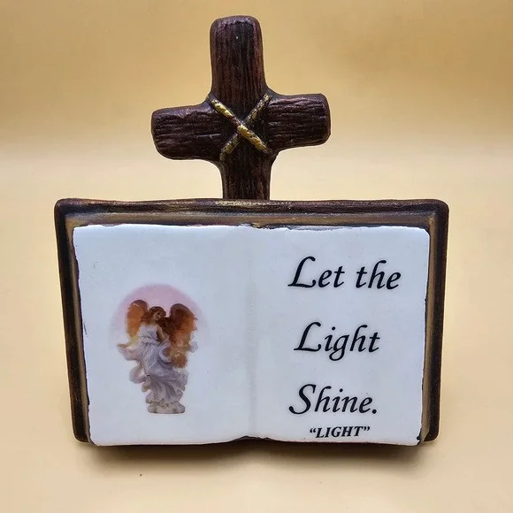 Religious Cross Book Planter Figurine Angel Let the‎ Light Shine 