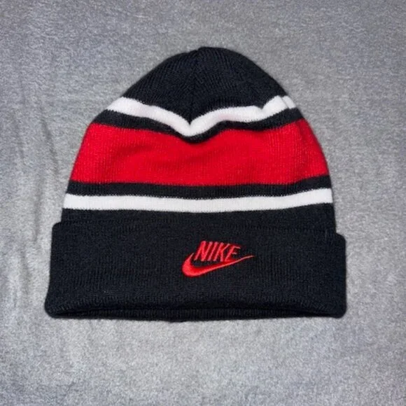 Nike Youth Beanie Hat L 14‑16 Black Red White Knit Winter Cap Acrylic