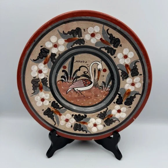 Vintage Tonala Mexico Hand Painted Pottery Wall Plate Crane Heron Folk Art 10.5