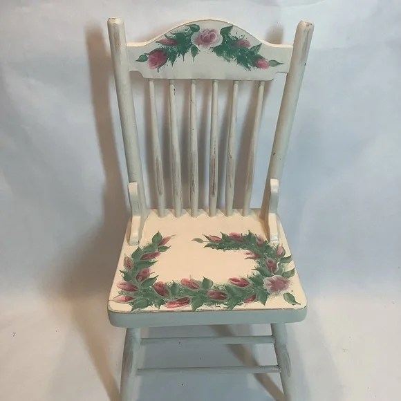 Hand Painted Doll Size Chair Rose Bud Artist Signed 12” Wood White Pink Green