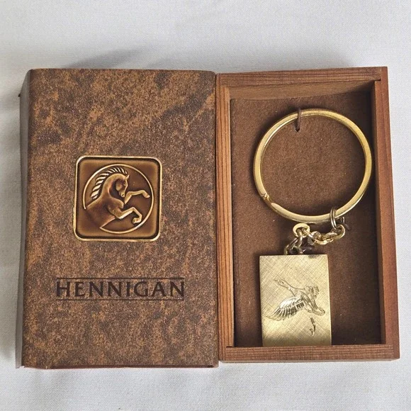 Hennigan Gold Plated Duck Engraved Key Chain w/ Wooden Presentation Box