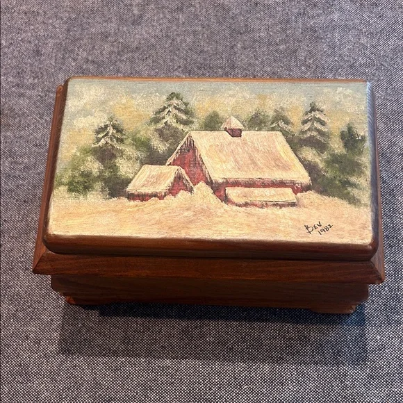 Vintage Hand-Painted Wood Music Box – Winter Barn Scene Signed “Bev 1982”