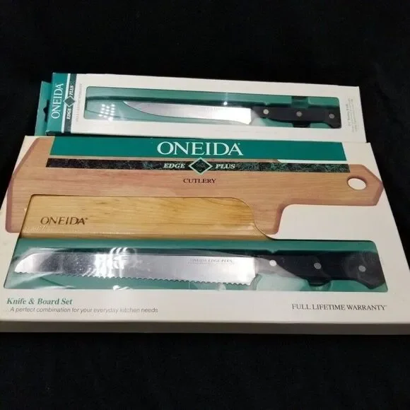 Vintage 1992 Cheese Cutting Board Oneida Edge Knife Stainless Steel Kitchen Set