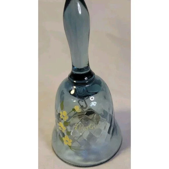 Fenton‎ Art Glass Blue Bell w/ Florals And Mother Hand Painted by Artist Freda H