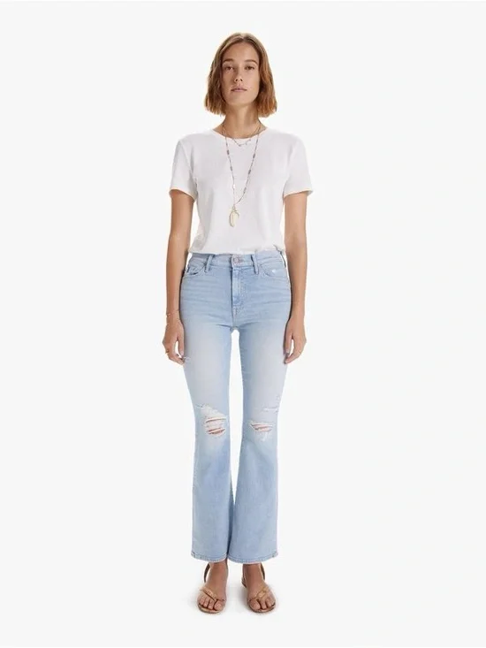 Mother The Weekender Flare Jean Free Hugs Distressed Light Wash Denim