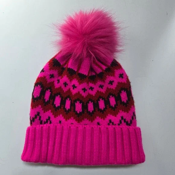 Gap Kids Beanie S/M Pink Fair Isle Knit Faux Fur Pom Pom Winter Hat Cozy Hat