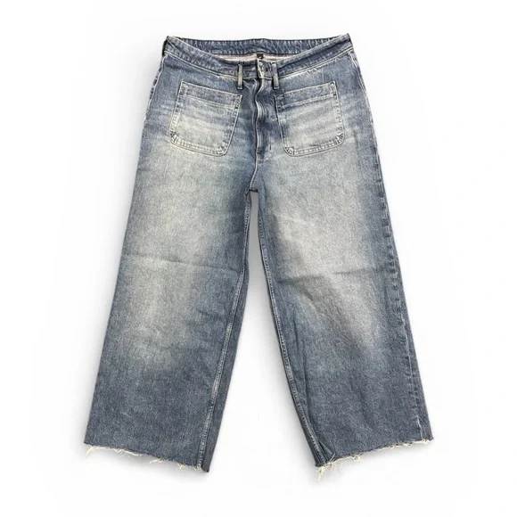 Super High Rise Wide Leg Jeans Raw Hem Cropped Size 16