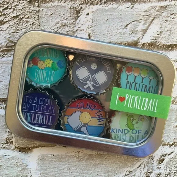 NIB New Kate's Magnets I Love Pickleball Bottlecap Magnets Set of 6 Handmade USA