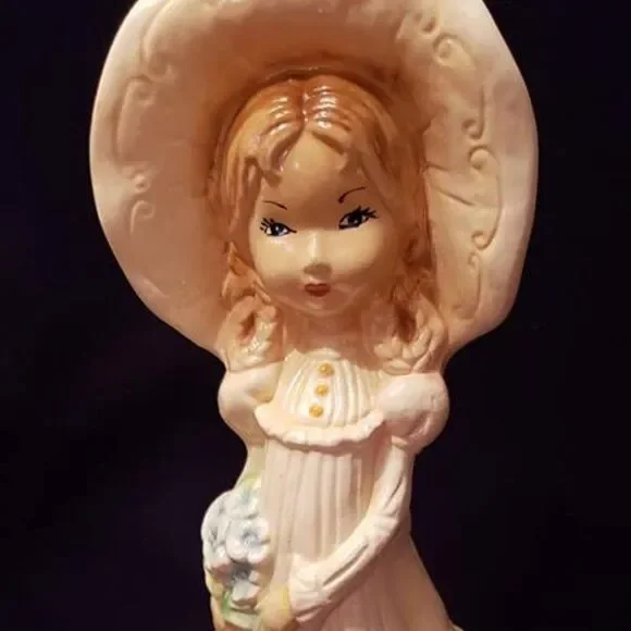 Vintage Porcelain Ceramic Girl in Yellow Dress Bonnet