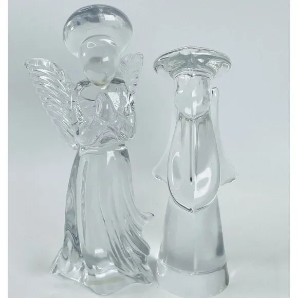Pair Vtg Heavy Clear Glass Angel Figurine 7.5