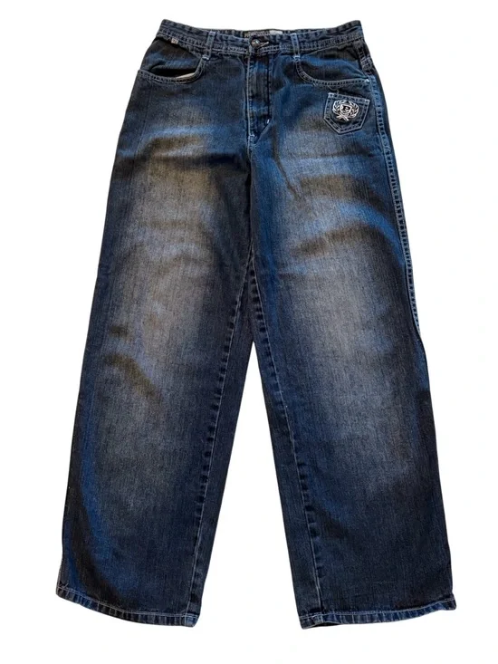 Vtg Phat Farm Jeans Sz 16 Wide Leg Baggy Y2K Blue Denim Embroidered Pockets
