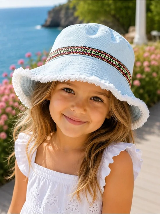 Light Blue Frayed Brim Sun Hat with Embroidered Band