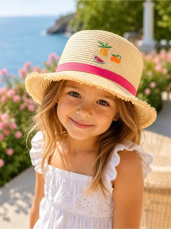 Girls' Straw Sun Hat with Pink Ribbon and Fruit Embroidery