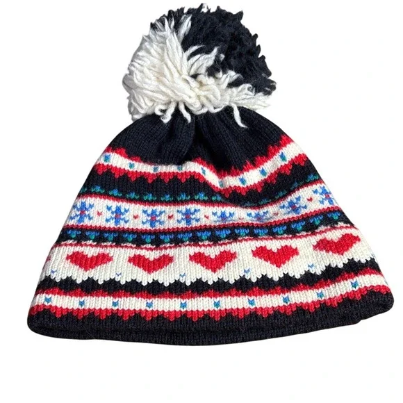 Vintage The Aspen Lid Women's Kids‎ Ski Winter Hat Nordic Heart Knit Pom-Pom