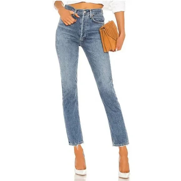 Agolde Riley High Rise Straight Leg Crop Slim Skinny Moore Blue Denim Jeans 25