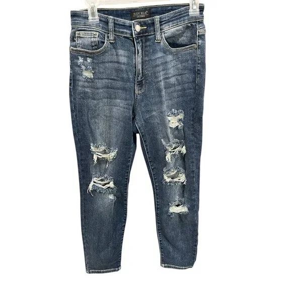 Judy Blue Women's 3/26 Boyfriend Fit Dark Wash Distressed Slim-Fit Denim Jeans
