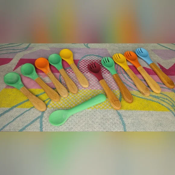 11pc Silverware Colorful Bamboo Handle Silicone Baby Spoon and Forks Set Avanchy
