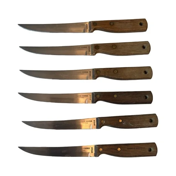 Vintage Butcher Block Knives Set of 6 Steak Knives Serrated Wood Handle Riveted