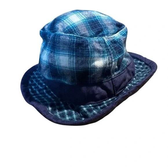 Baby Gap VTG 90s Blue Plaid Cotton Bucket Hat‎ XS/S Navy Trim Flannel Style