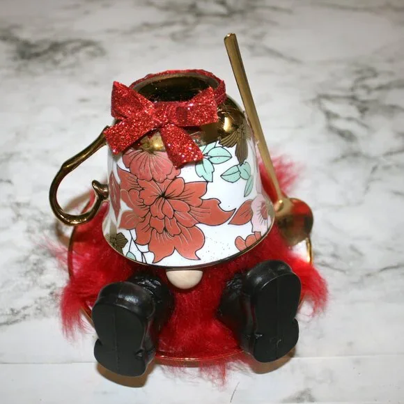 HAND CRAFTED Gnome Tea Cup and Saucer Set Floral Metallic Home Decor Red
