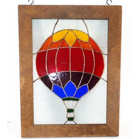 Rainbow Hot Air Balloon Stained Glass Wood Framed Window Panel 13