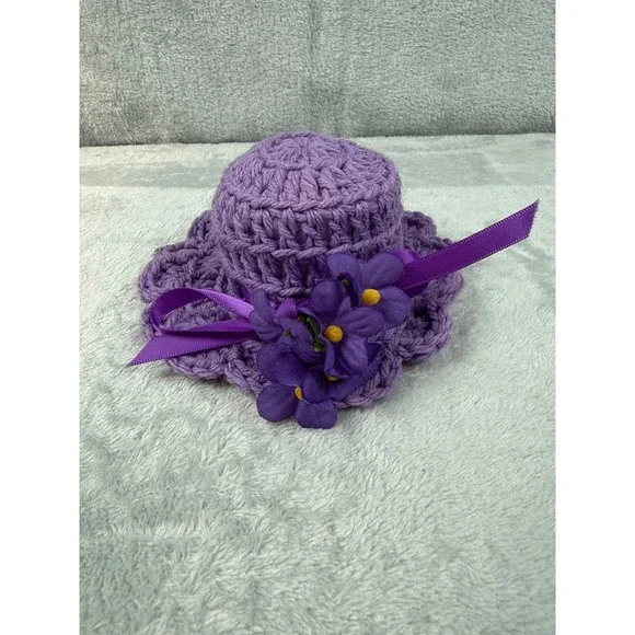 Handmade Purple Crochet Miniature Sun Hat Floral Ribbon Decoration Only 5.5 Inch