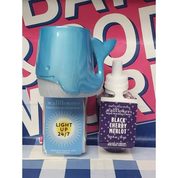 BBW Blue Whale Night Light  Fragrance Wallflower Plug In & BC Merlot Refill