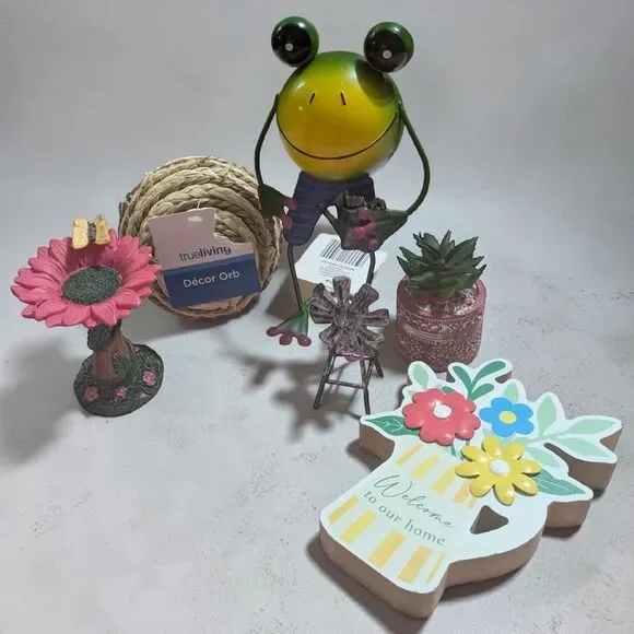 Spring Garden Decor Lot, Frog Figurine, Floral Welcome Sign, Succulent, Orb